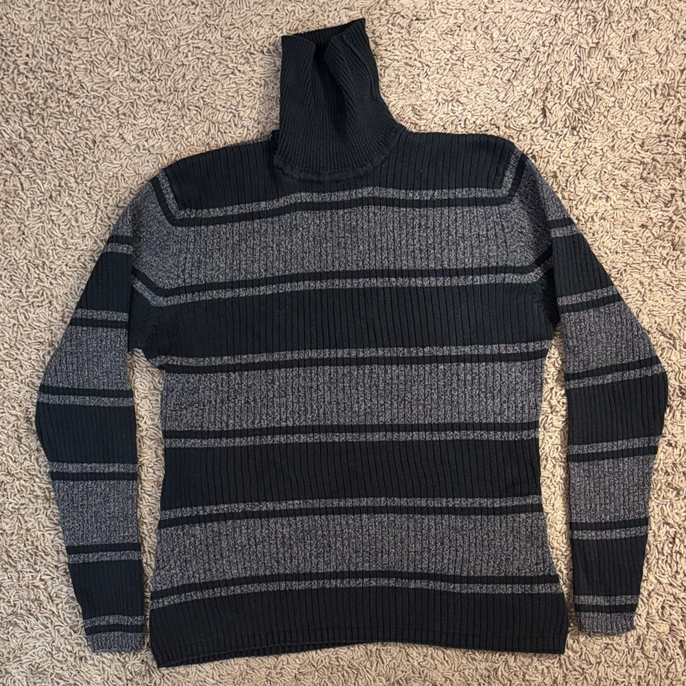 Women's Black and Gray Striped Turtleneck Sweater